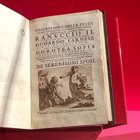 Pagina illustrata intitolata: Descrizione delle feste per le nozze del principe Odoardo Farnese con la principessa Dorotea Sofia Palatina di Neoburgo di Giuseppe Notari per Galeazzo Rosati 1690
