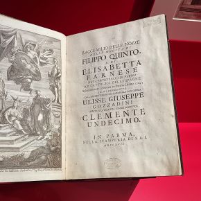 Frontespizio del &ldquo;Ragguaglio delle nozze del re Filippo Quinto ed Elisabetta Farnese&rdquo;.