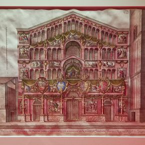 Rappresentazione della facciata del Duomo di Parma. Incisione acquerellata.