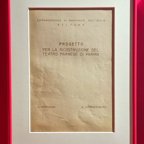 Frontespizio delle tavole del progetto di ricostruzione del Teatro Farnese proposto nel 1951