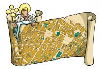 The Angel Raffaele peeps out behind the map of Parma taken from the Sardi Atlas