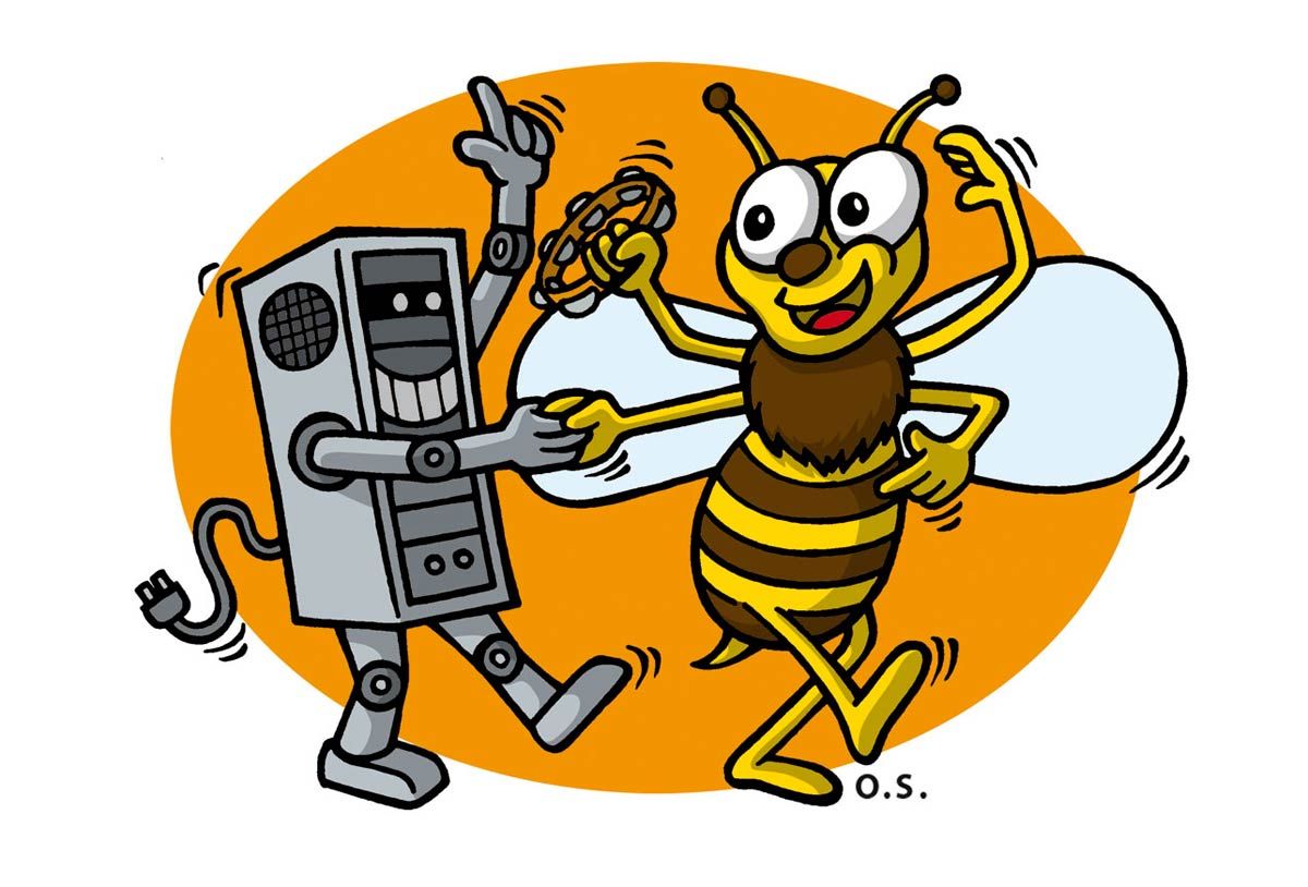 Il computer che copia il comportamento delle api. Disegno a colori per rubrica Gazzetta dei Piccoli della Gazzetta di Parma