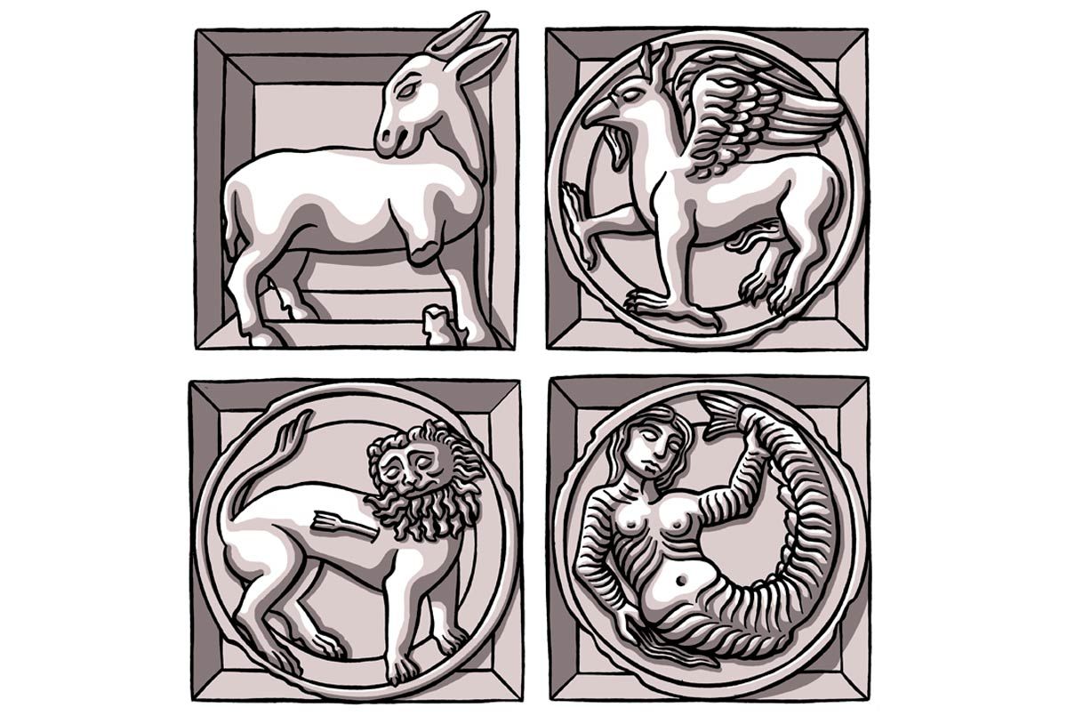 Quattro formelle dello Zooforo che adorna il Battistero di Parma