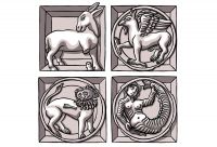 Four tiles of the Zooforo that adorns the Baptistery of Parma