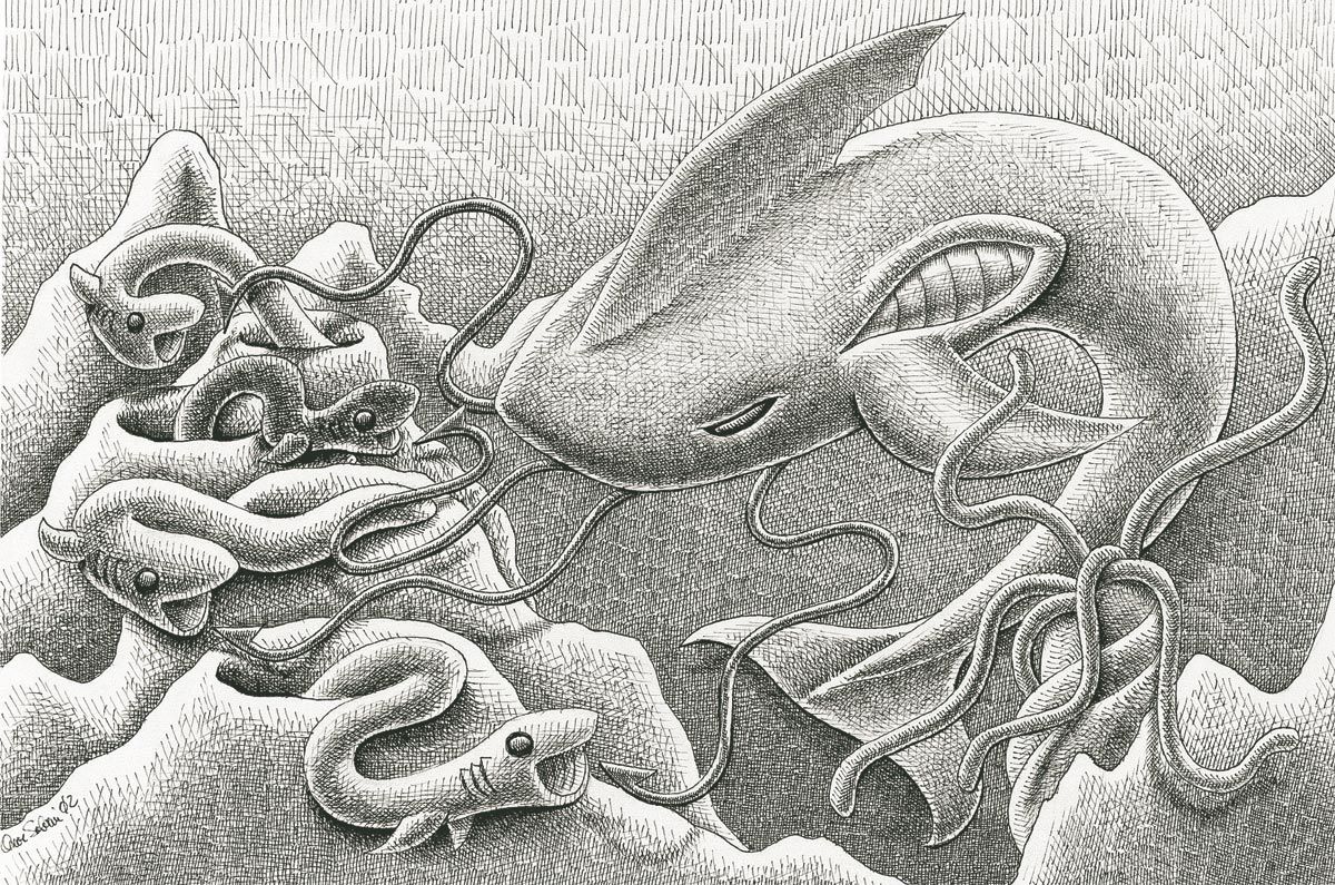 Il pesce che pesca disegno a china di Oscar Salerni