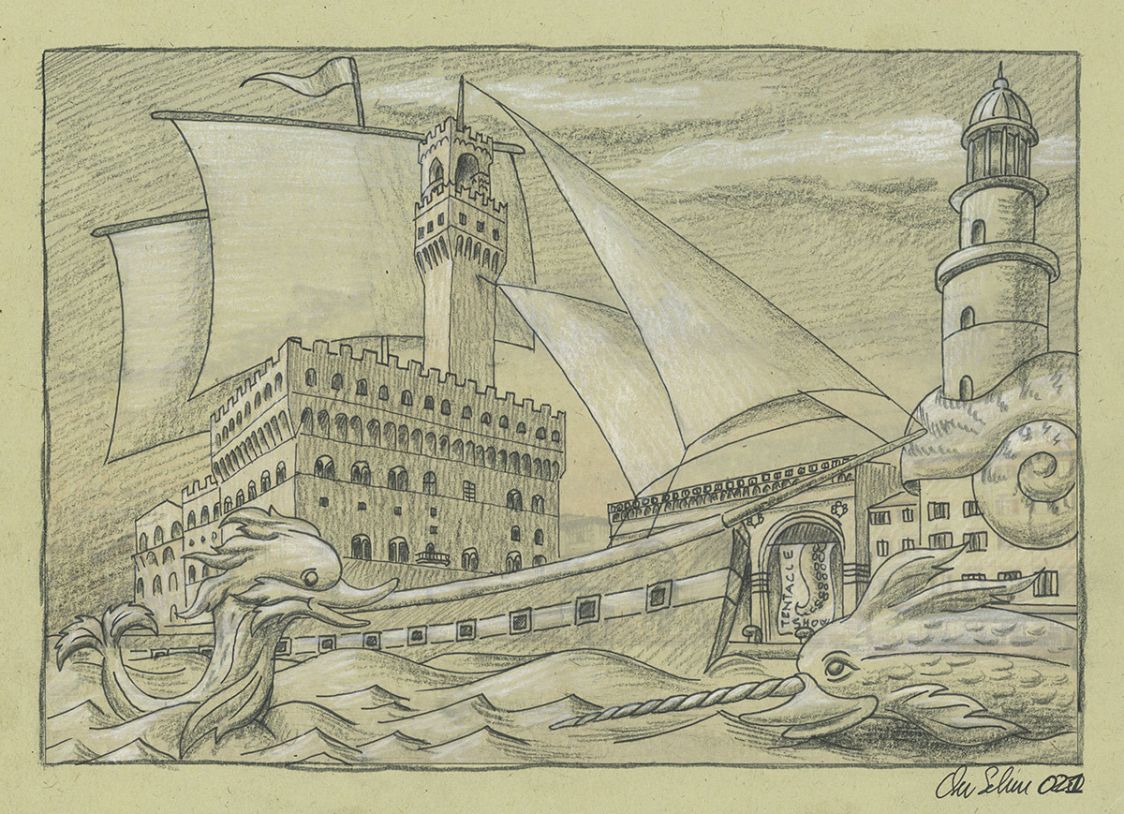 Bozzetto studio disegno Piazza della Signoria - Opera di Oscar Salerni per nave Costa Toscan