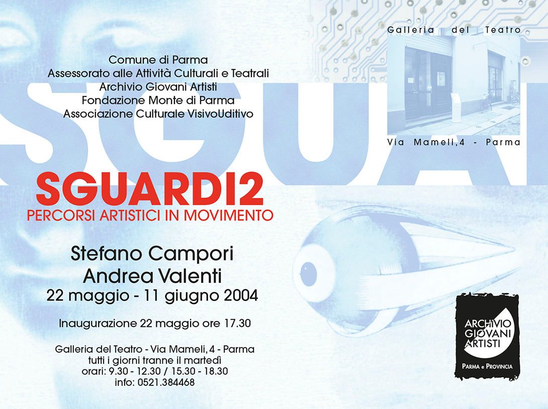 Retro cartolina rassegna Sguardi 2 percorsi artistici in movimento con Stefano Campori e Andrea Valenti