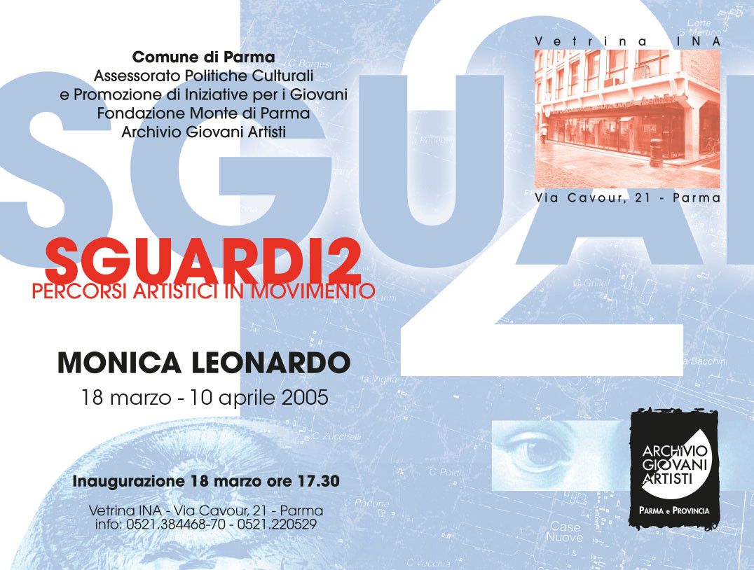 Retro cartolina rassegna SGUARDI2 percorsi artistici in movimento con Monica Leonardo
