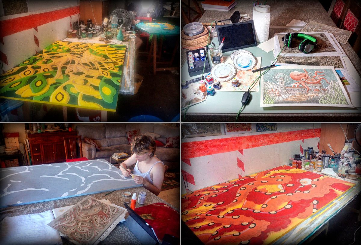 Work in progress paintings Seahorse Dragon, Giant oarfish, Octopus and Oniric Tuscany designs